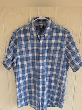 Lands' End Men's Blue Plaid Short-Sleeve Button-Down Shirt, Size Large